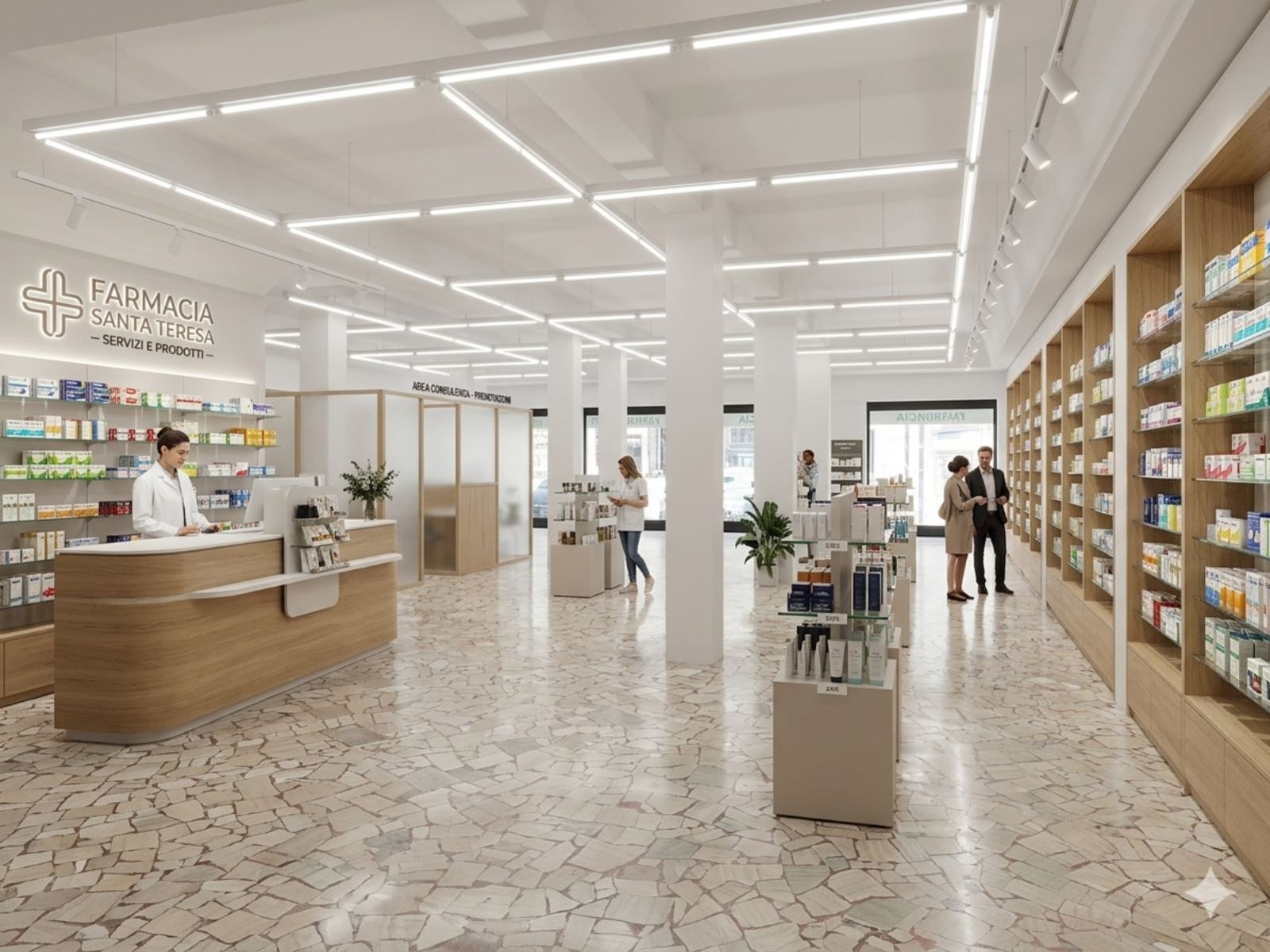 Rendering dell’interno della parafarmacia con banco, scaffalature a muro e area consulenza