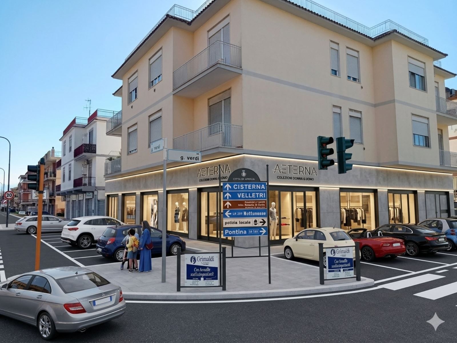 Rendering dell’esterno: negozio di abbigliamento sull’angolo con fascia illuminata