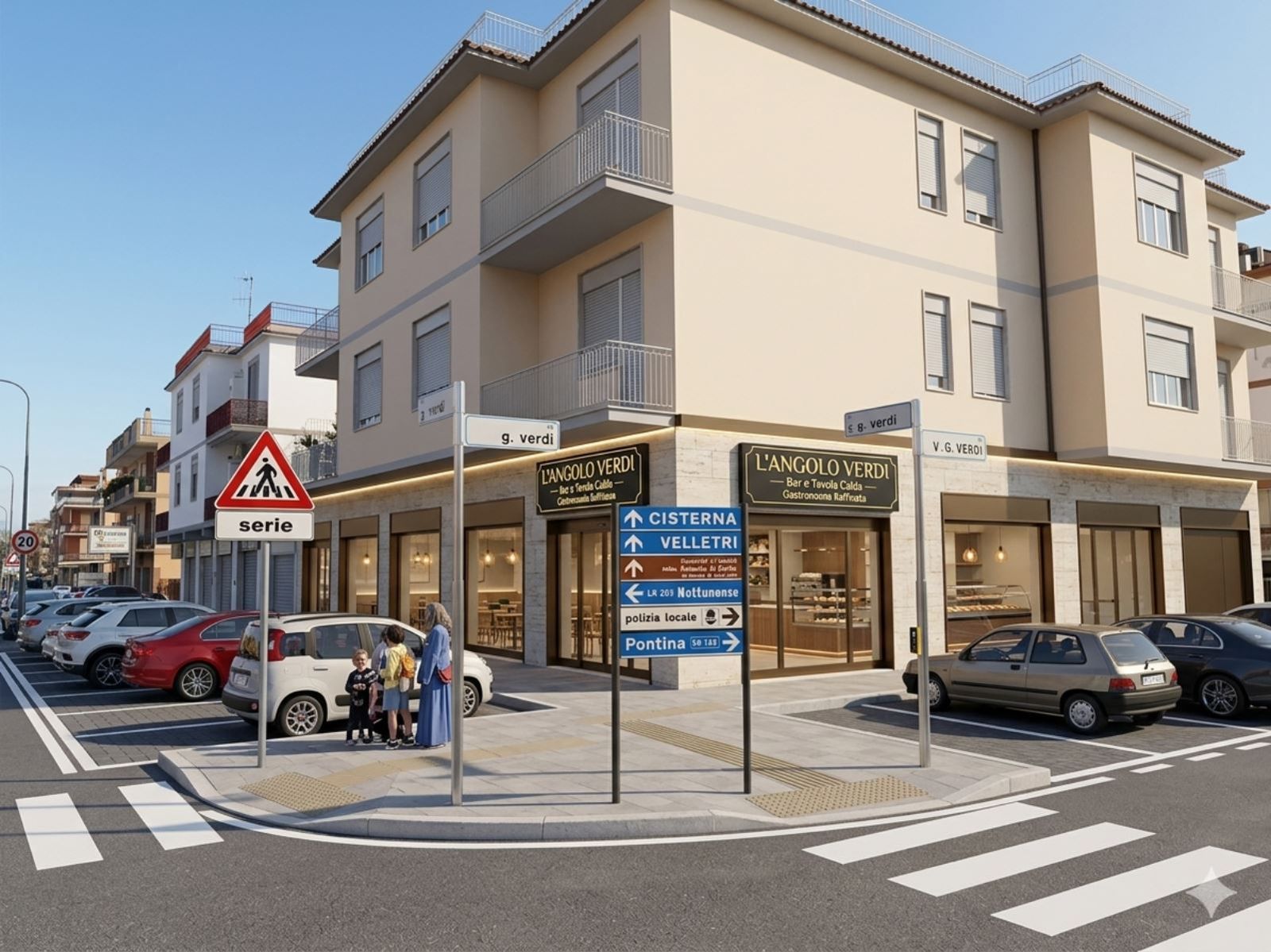 Rendering dell’esterno: bar e tavola calda sull’angolo con vetrine continue