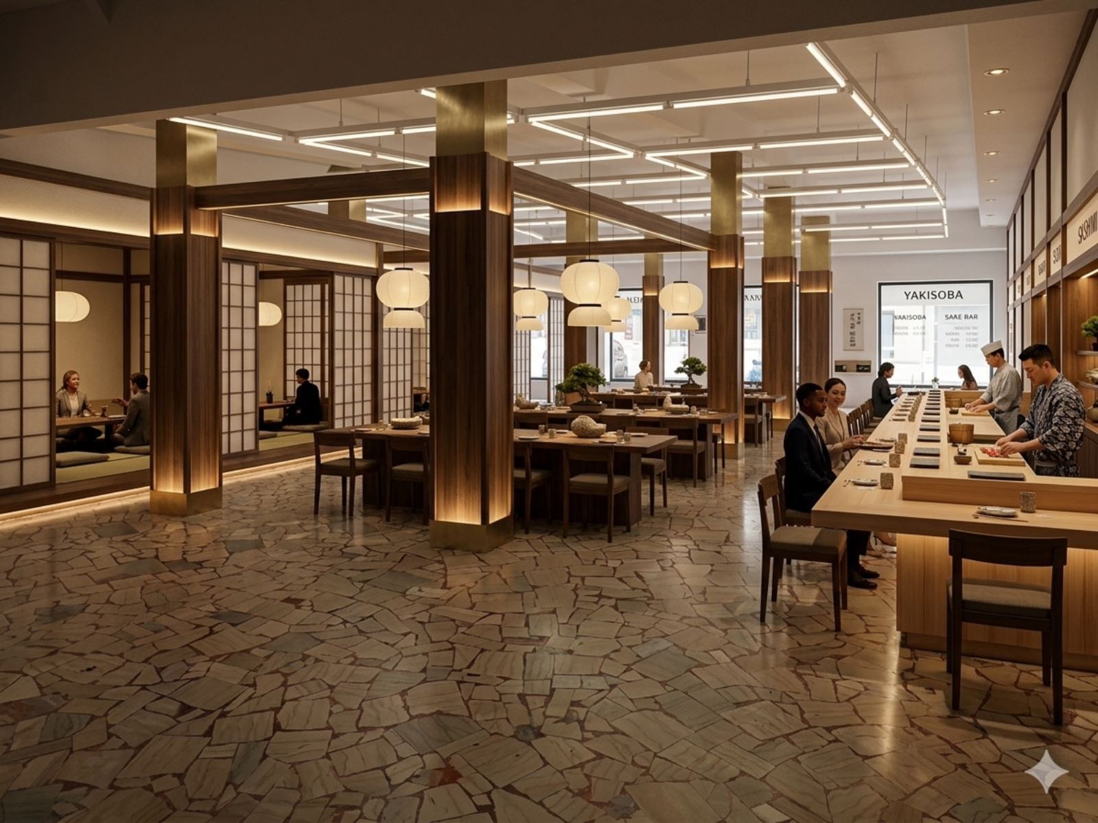 Rendering dell’interno di un ristorante giapponese con sale shoji e bancone sushi