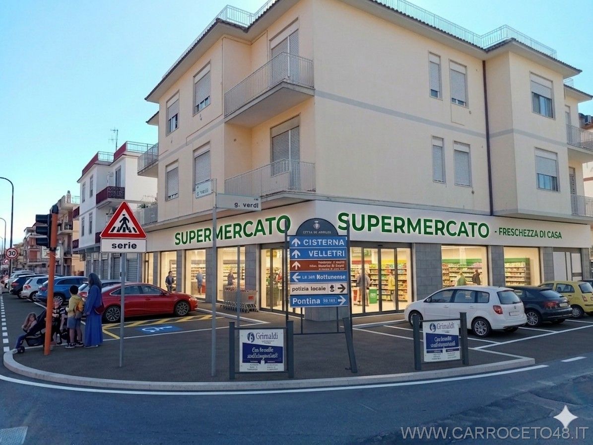 Rendering dell’esterno: supermercato sull’angolo tra Via Verdi e Via Carroceto