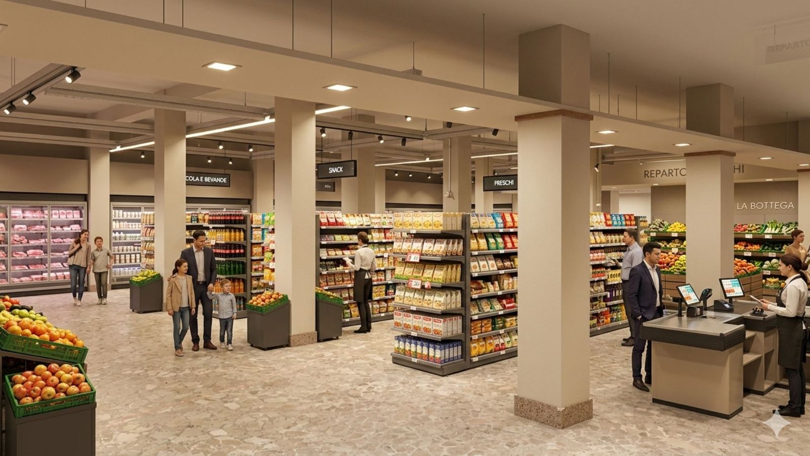 Rendering dell’interno dal lato ingresso con ortofrutta, banchi frigo e casse